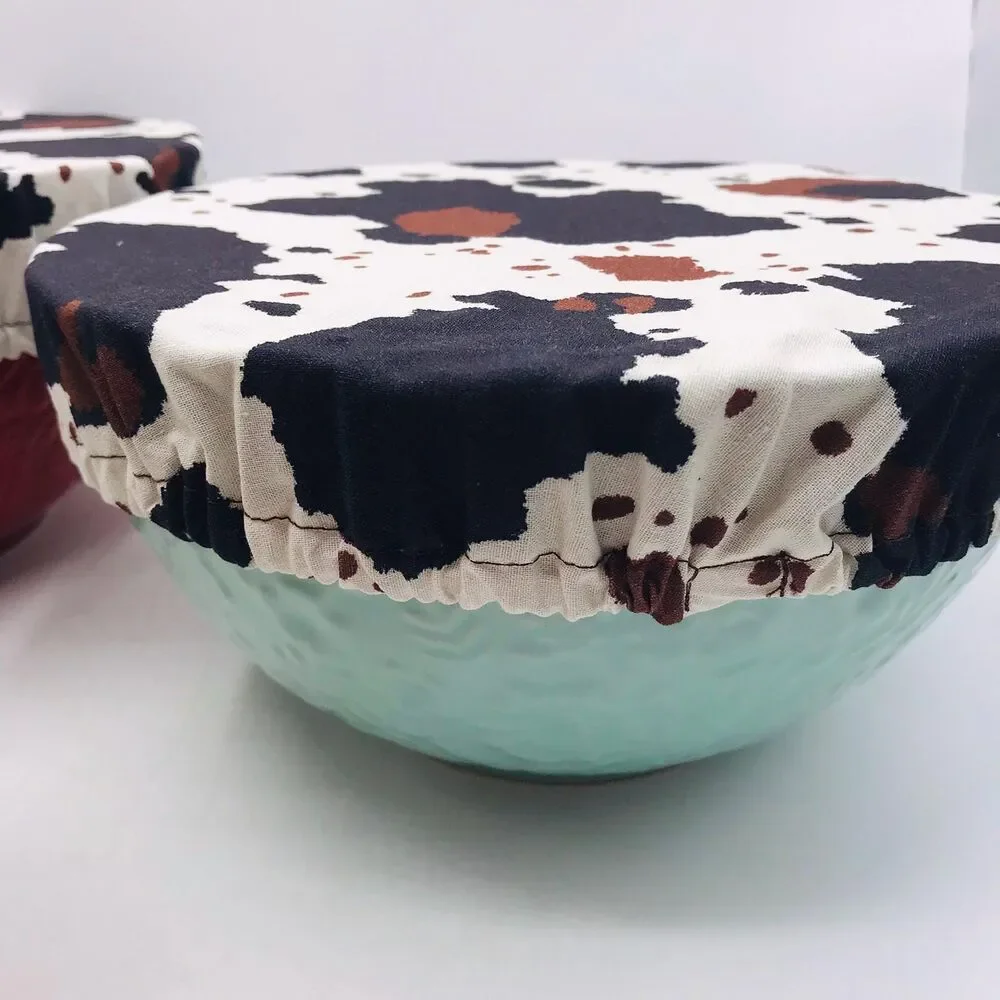 Cotton Bowl Cover For Sourdough, 3 Pc Set, Reusable Washable Cow Print Brown